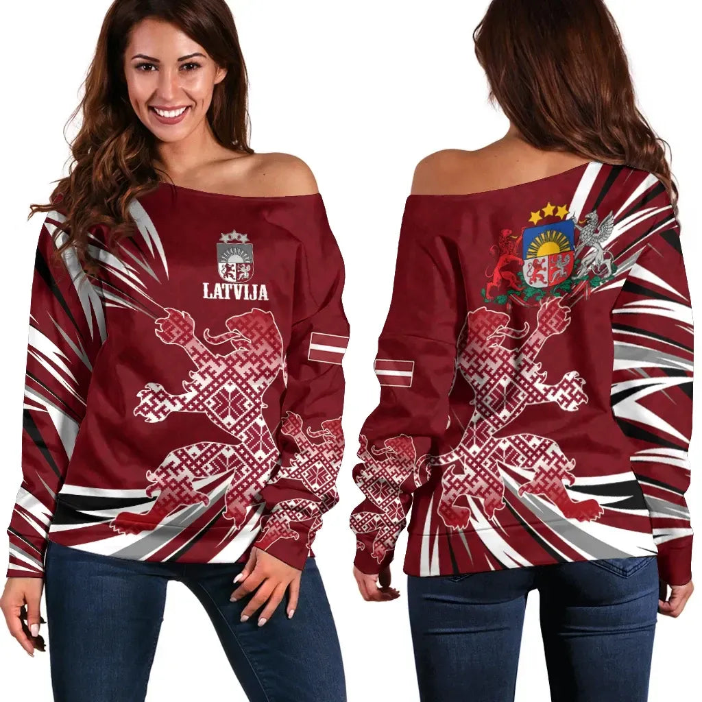 Latvia, The Latvian Lion Off Shoulder Sweater RLT6