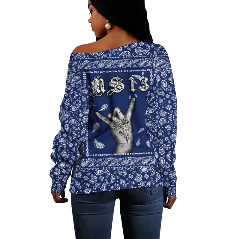 Off Shoulder Sweater Blue Bandana RLT8