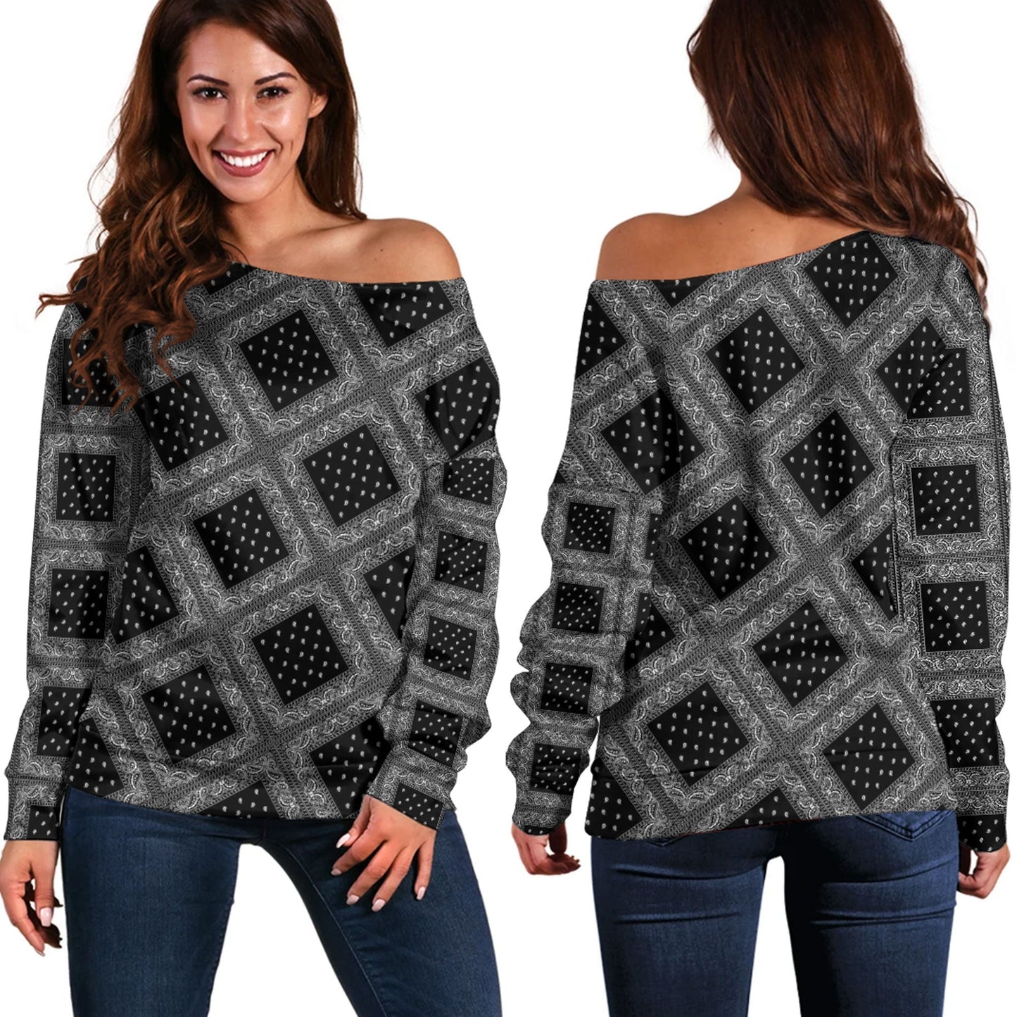 Paisley Bandana Pattern Seamless Black Off Shoulder Sweaters RLT13