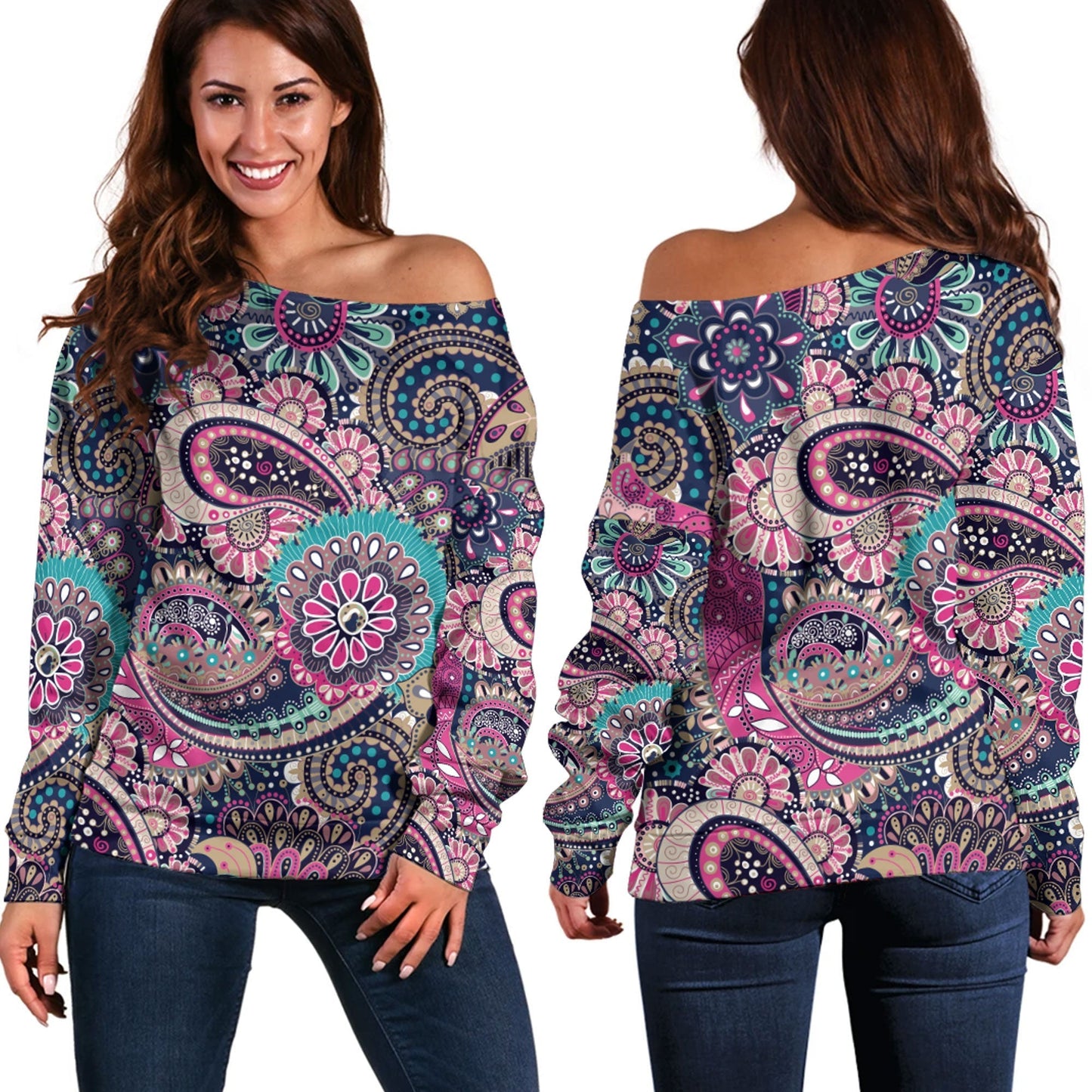 Paisley Bandana Pattern Seamless Off Shoulder Sweaters Ver.104 RLT13