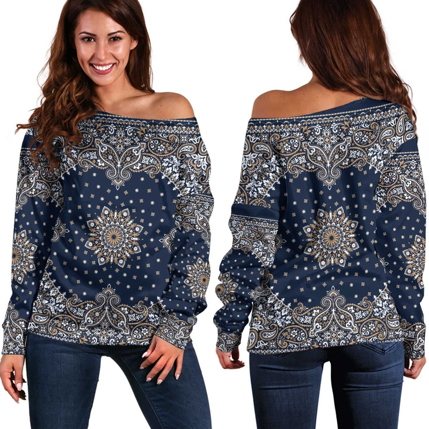 Paisley Bandana Pattern Seamless Off Shoulder Sweaters Ver.01 RLT13
