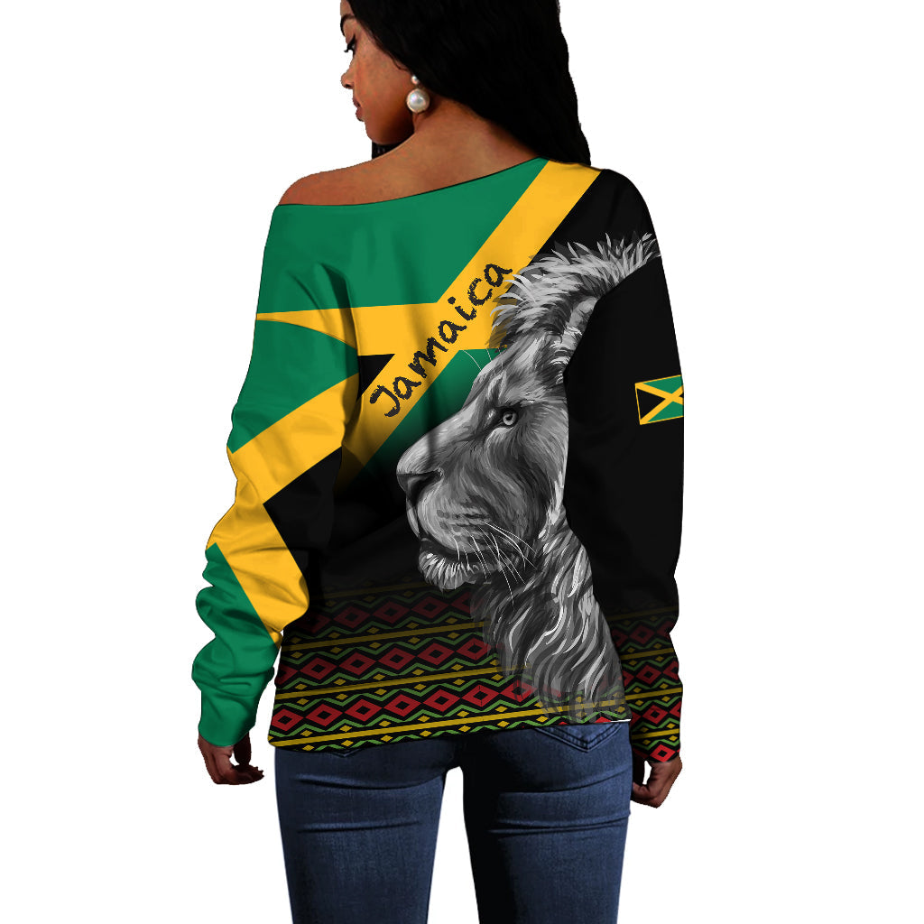 Jamaica Lion Off Shoulder Sweater Jamaican Pattern Version Black LT13