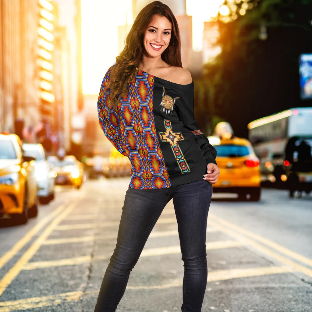 Native American Navajo Cross Heritage Women Off Shoulder Sweater LT12