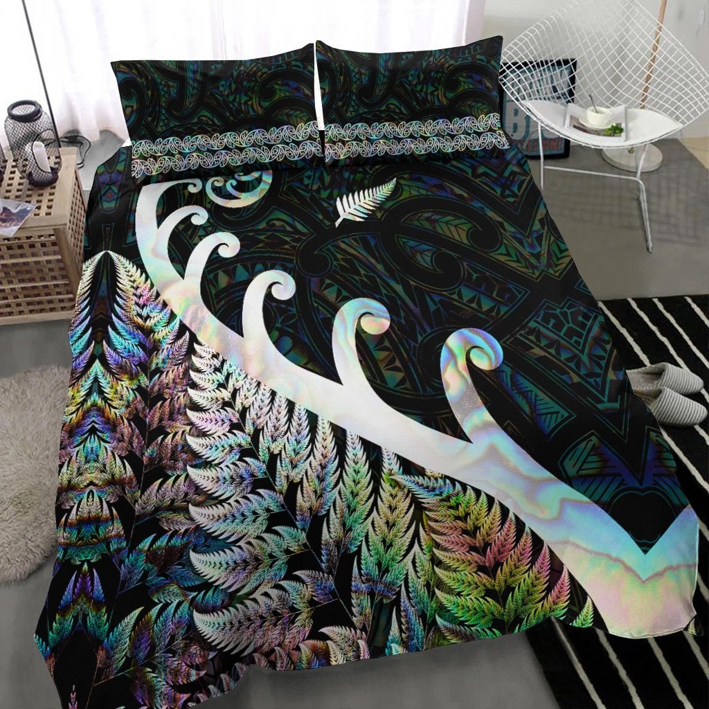 New Zealand Rugby Maori Bedding Set Silver Fern Koru Vibes Paua Shell LT8