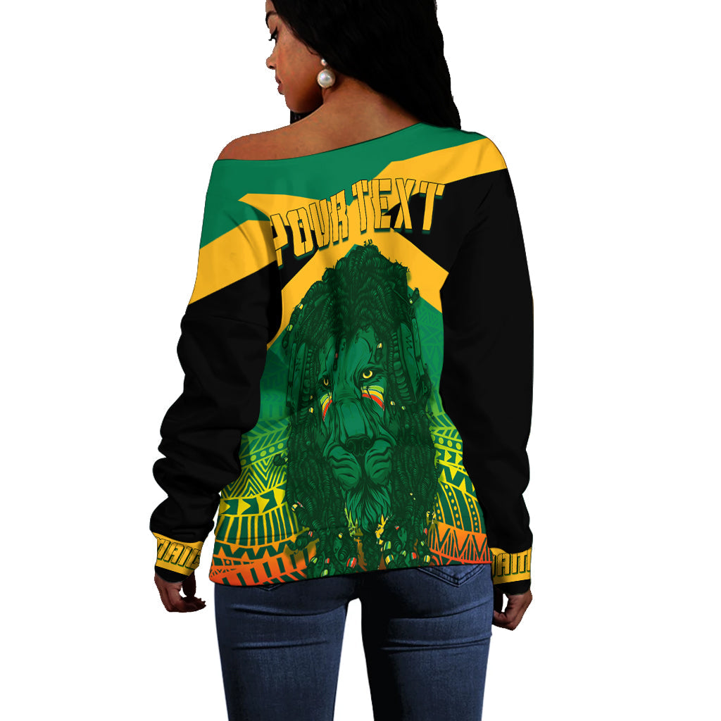 Jamaica Personalised Off Shoulder Sweater Rastafari Lion Mix Kente LT7
