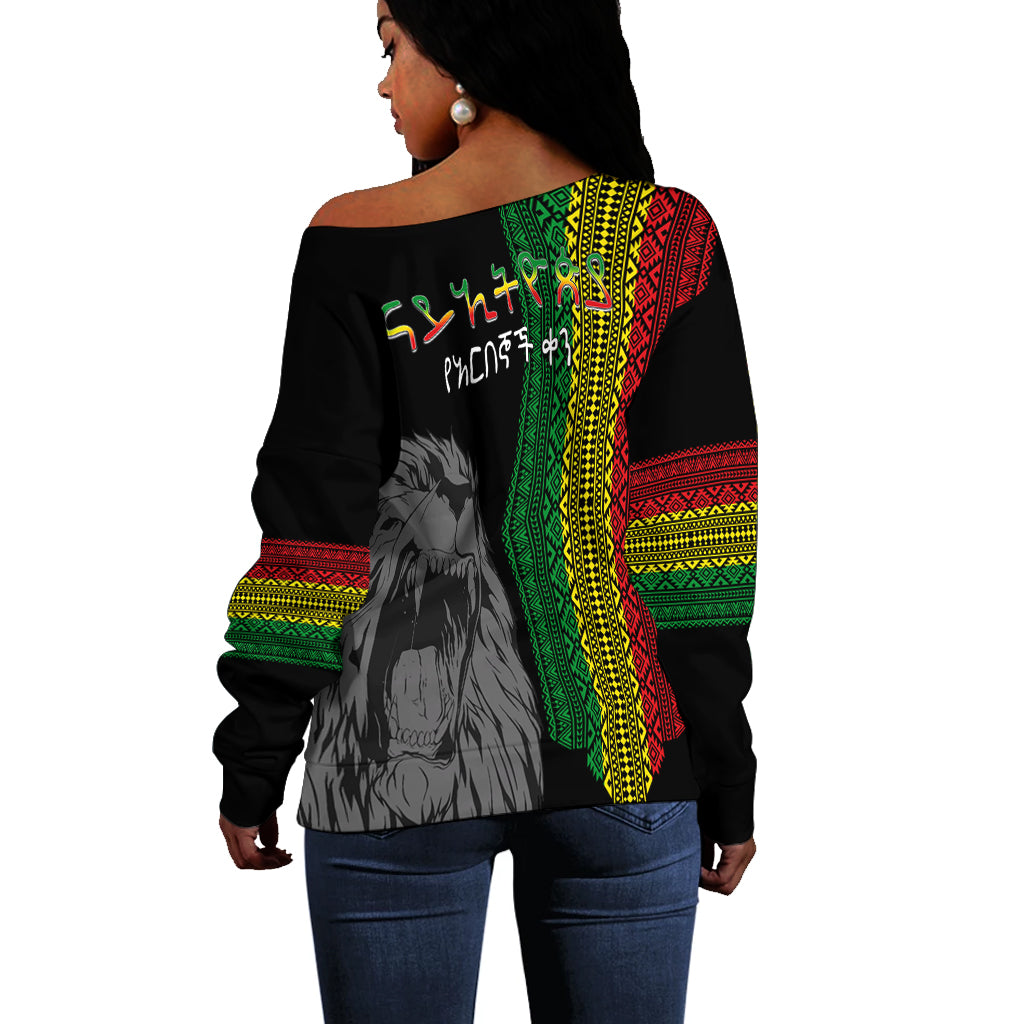 Ethiopia Patriot Day Off Shoulder Sweater Amharic Letters Roaring Lion LT7