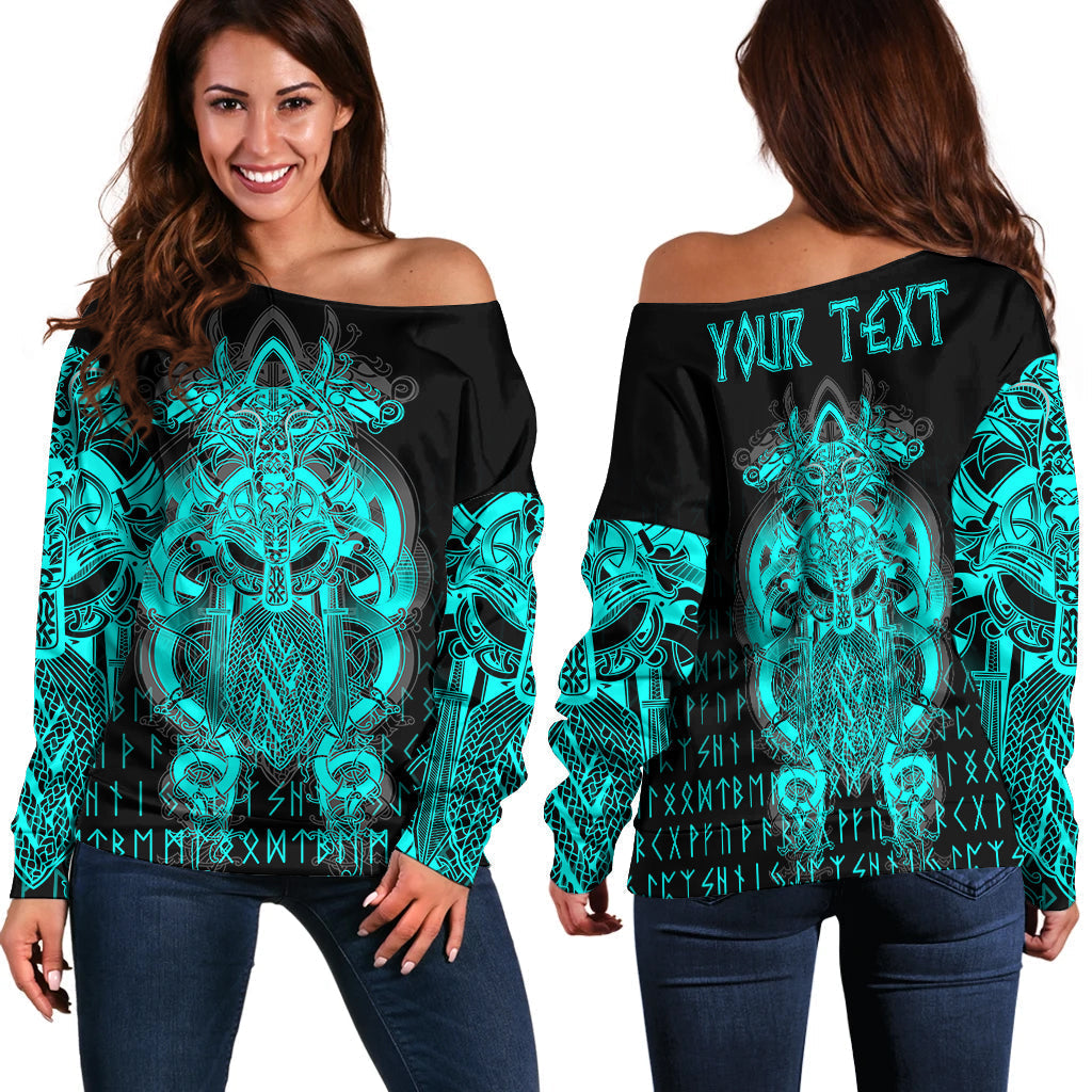(Custom ) Viking Tyr Tattoo Cyan Women's Off Shoulder Sweater RLT12