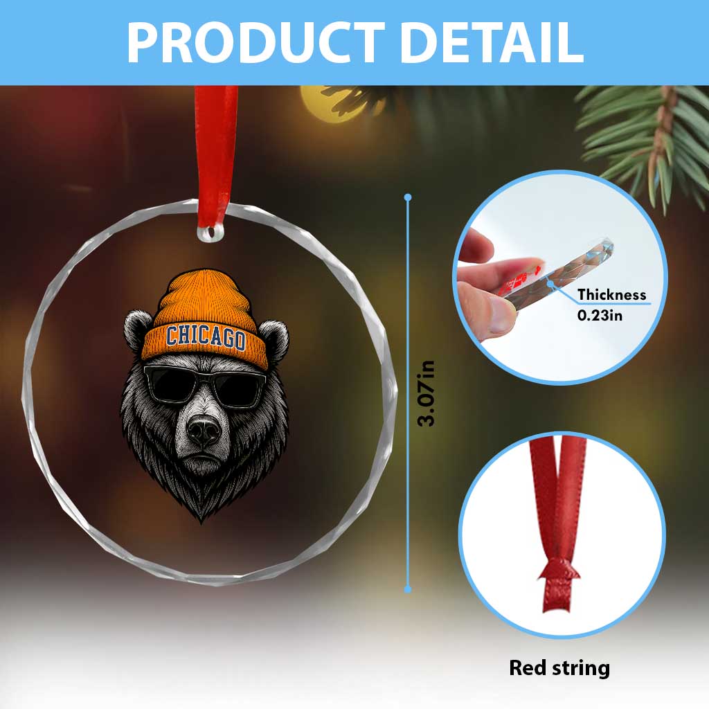 Cool Bear Chicago Graphic Crystal Glass Ornament Retro Vibe City Pride Beanie and Sunglasses TS02