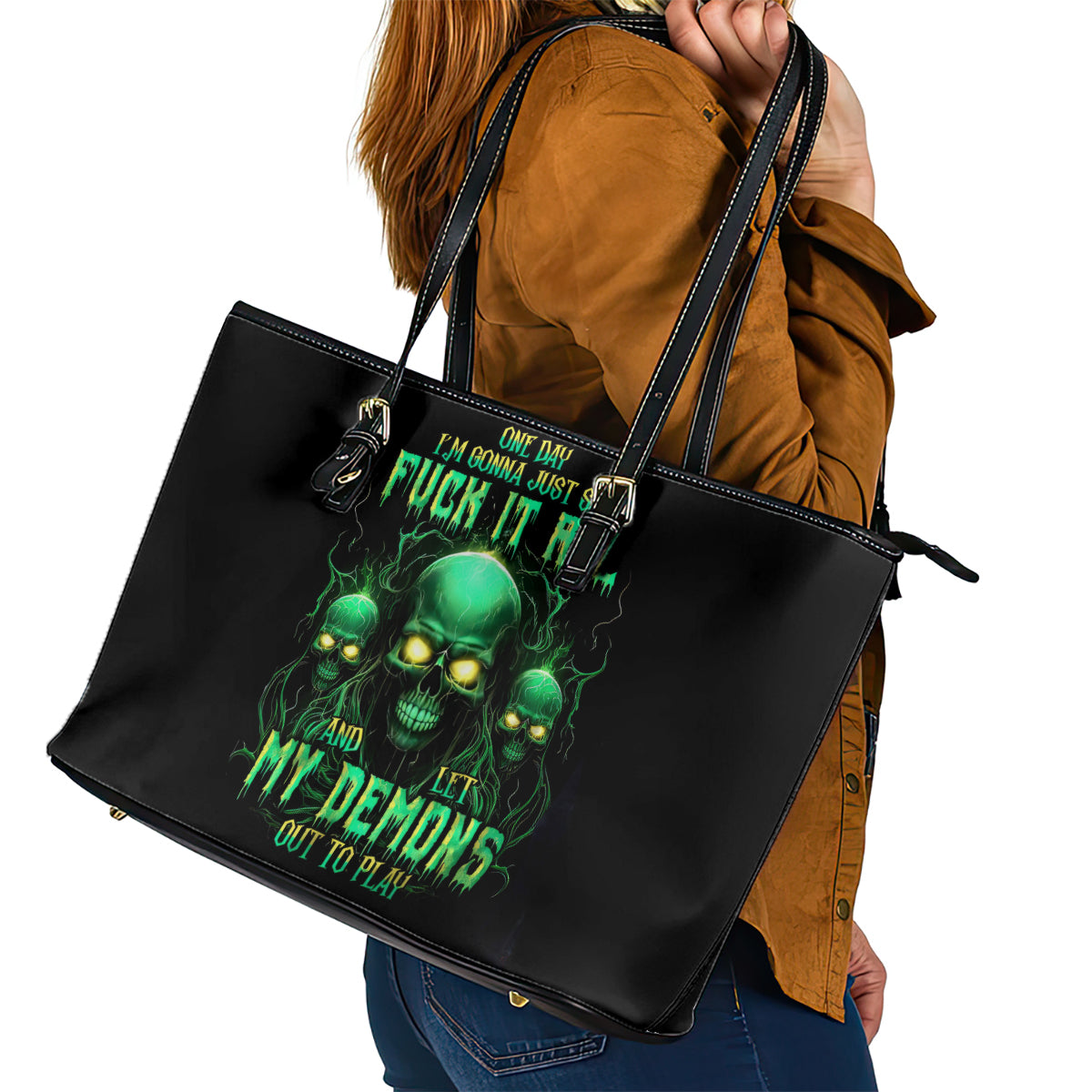 Thnder Skull Leather Tote Bag One Day I Gonna Just Say F It All DT01