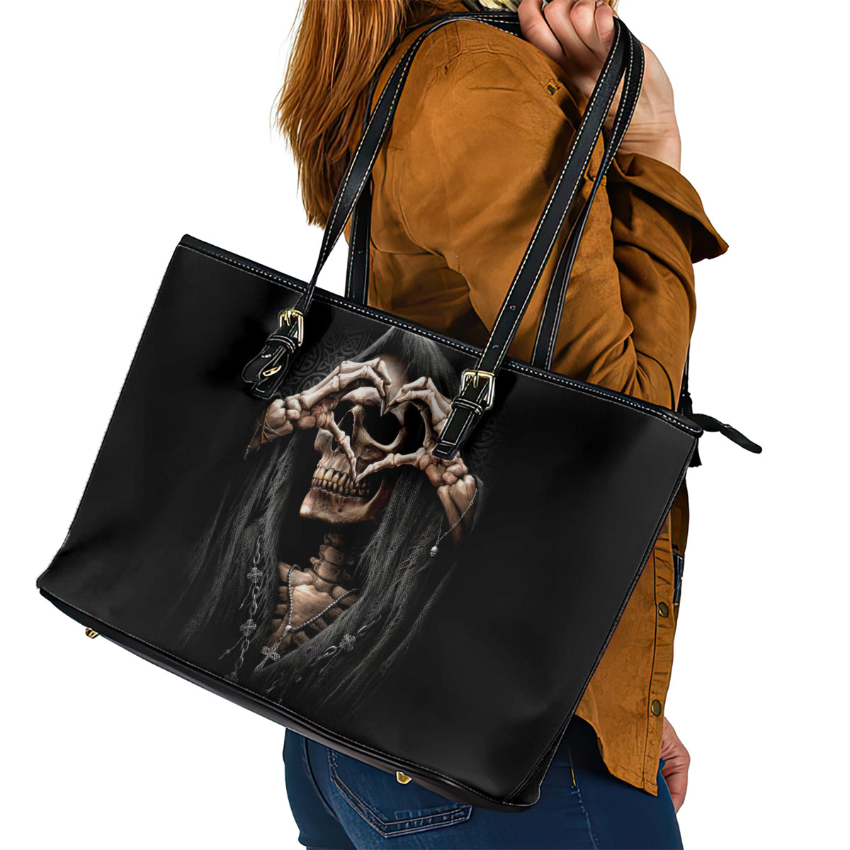 Reaper Heart Leather Tote Bag Eternal Embrace - Uniting Souls in the Realm of Skulls DT01