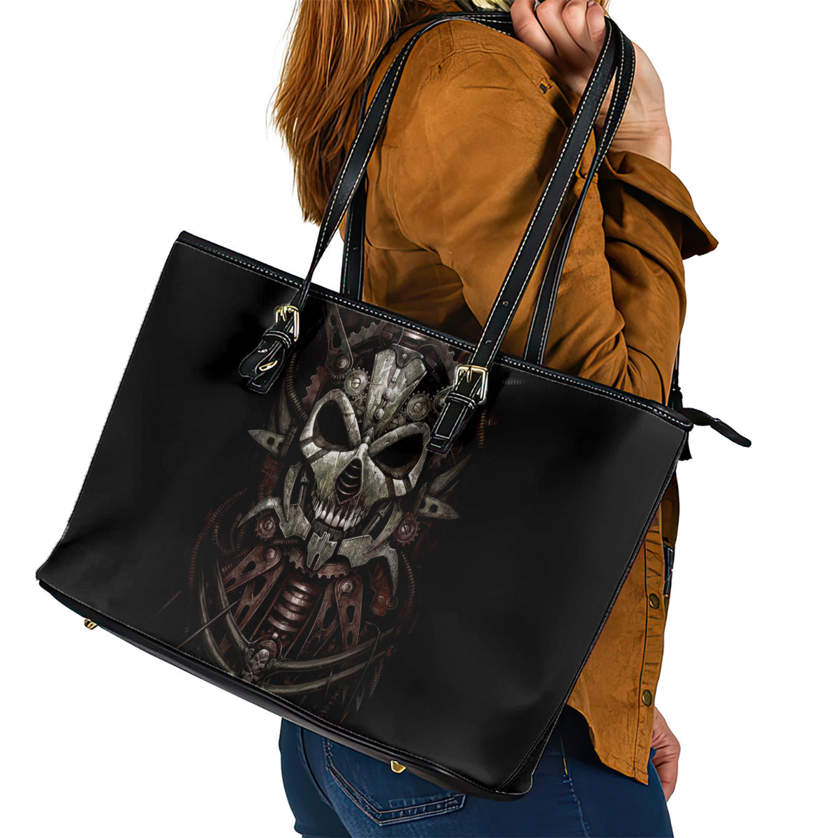 Unveiling the Mechanical Skull Leather Tote Bag Cybernetic Enigma DT01