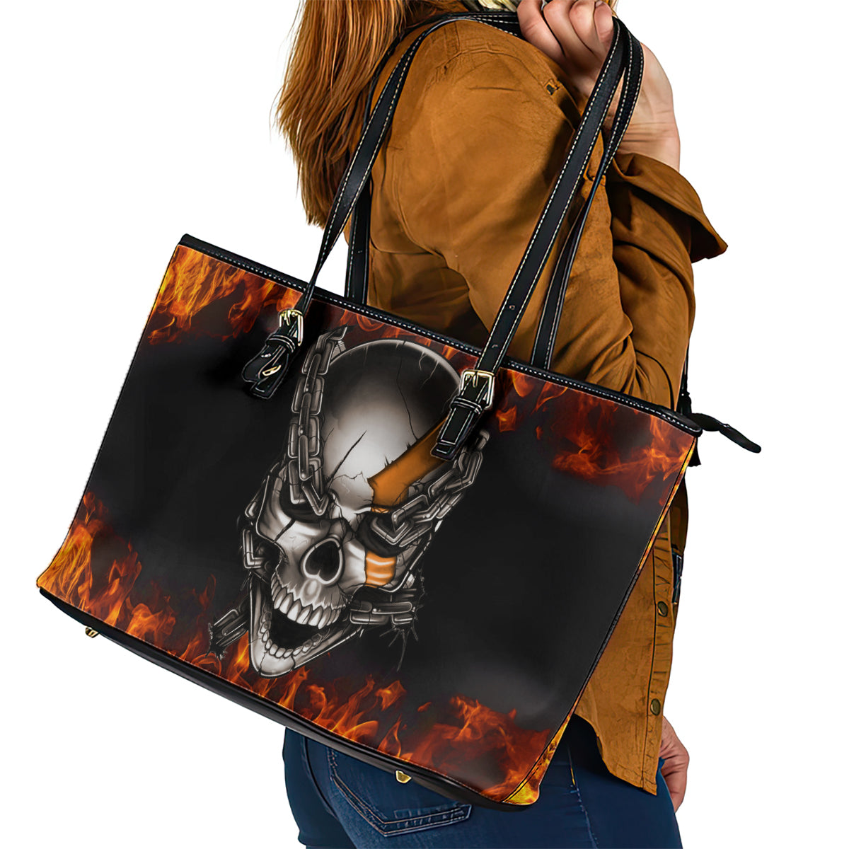 Metal Skull Leather Tote Bag Infernal Chains in Fiery Abyss DT01