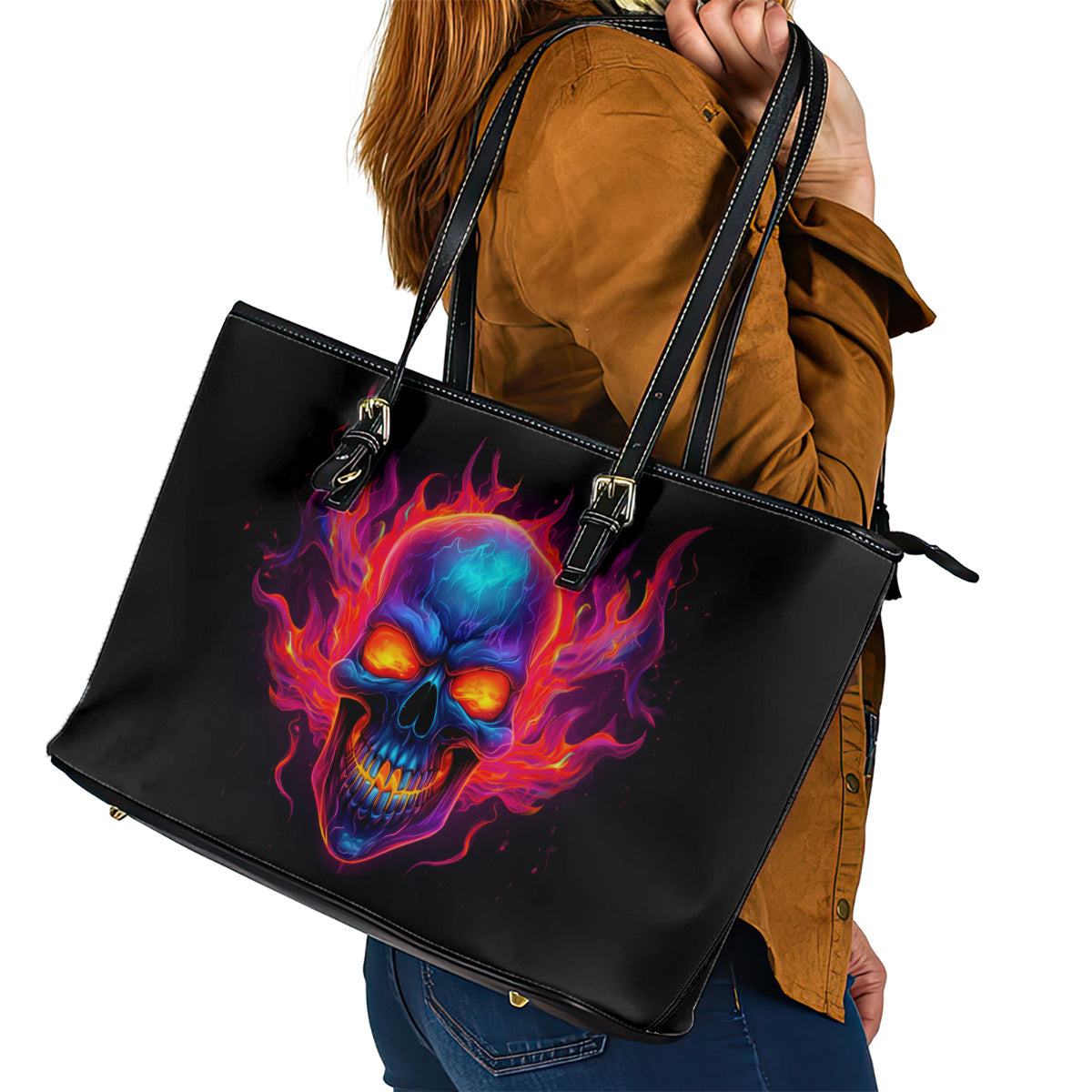 Skull Leather Tote Bag Purple Skull Fire DT01