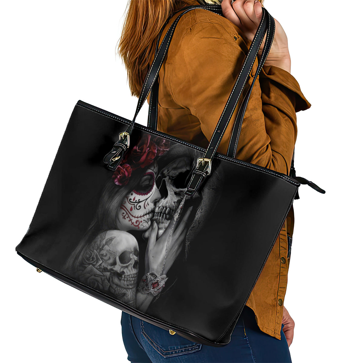 Skull Leather Tote Bag Death Angel And Da de Muertos Girl DT01