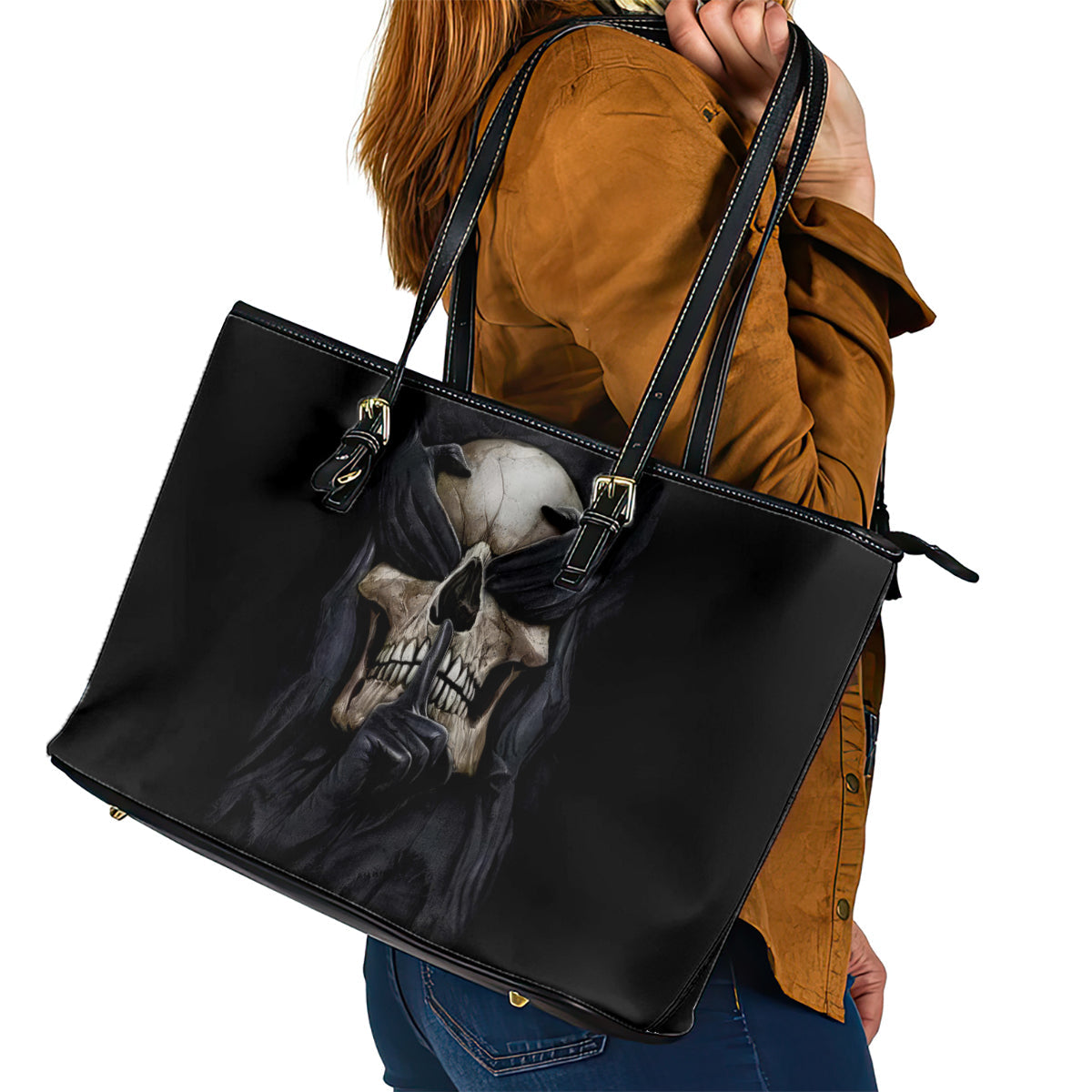 Skull Leather Tote Bag No See Evil Red Rose Jean DT01