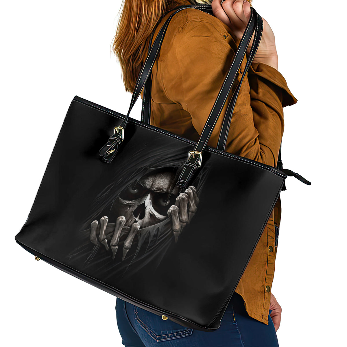 Skull Leather Tote Bag Evil Skeleton Look Inside DT01