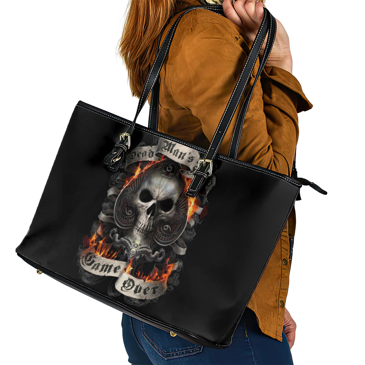 Skull Leather Tote Bag Gambling Death Fire DT01