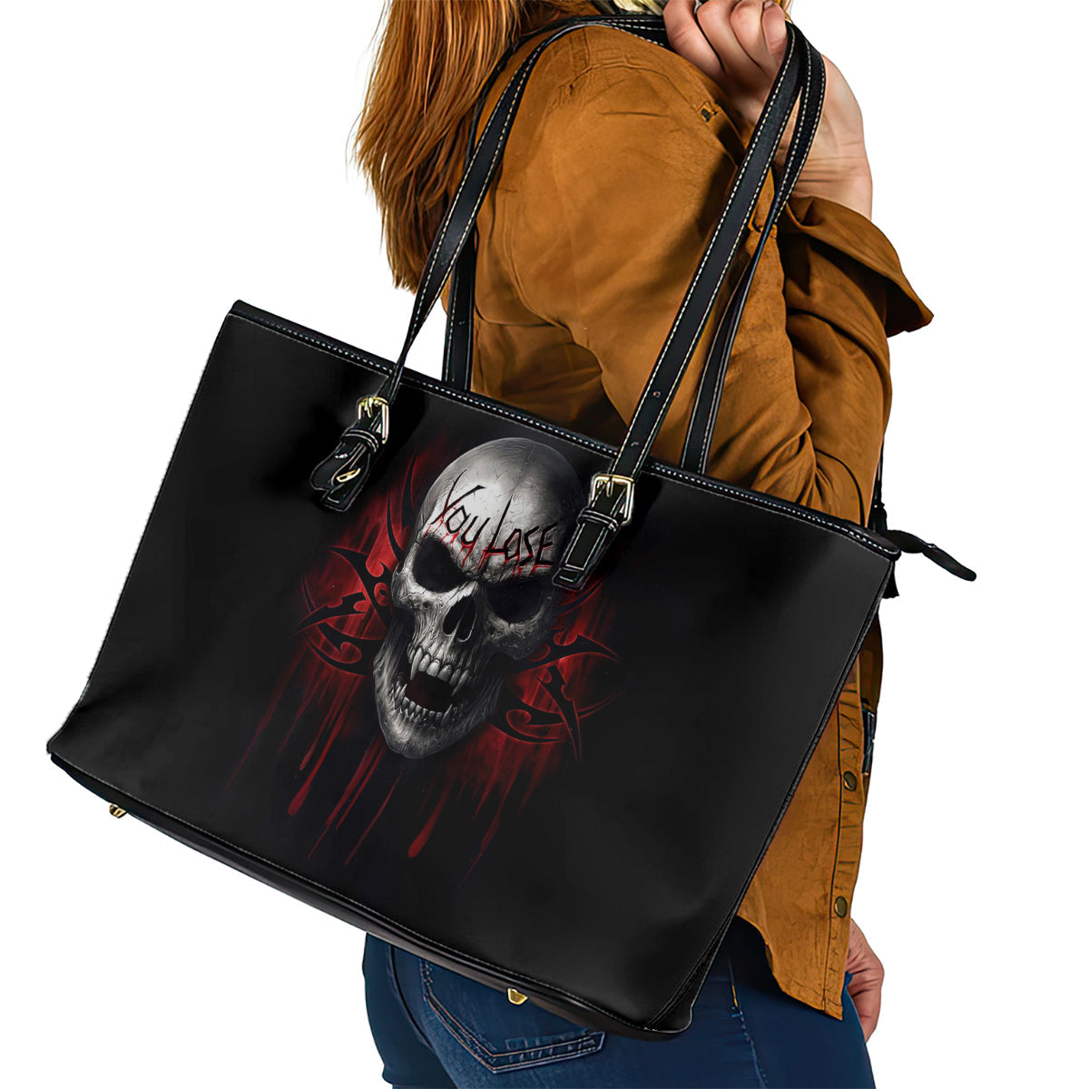 Skull Leather Tote Bag Death Skull Game Over DT01