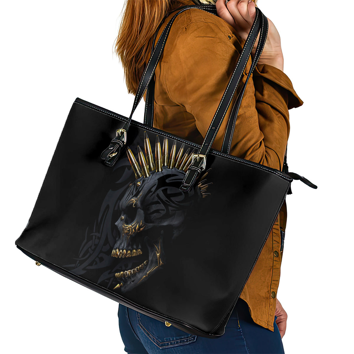 Skull Leather Tote Bag Golden Skull Gangster DT01