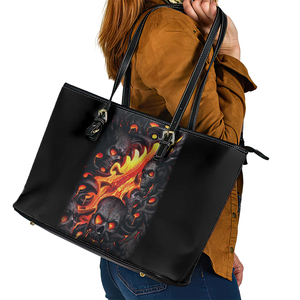 Skull Leather Tote Bag Flame Skull Lava Inside DT01