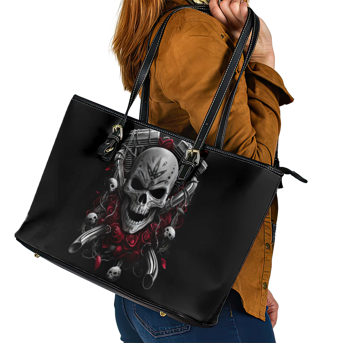 Skull Leather Tote Bag Riding Motocycle Girl Rose DT01