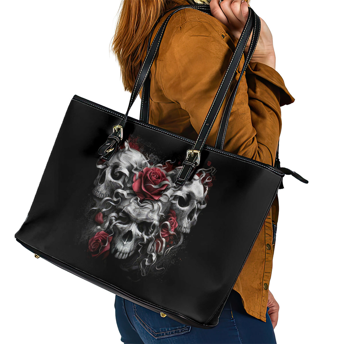 Skull Leather Tote Bag Three Skull No See Evil Rose DT01