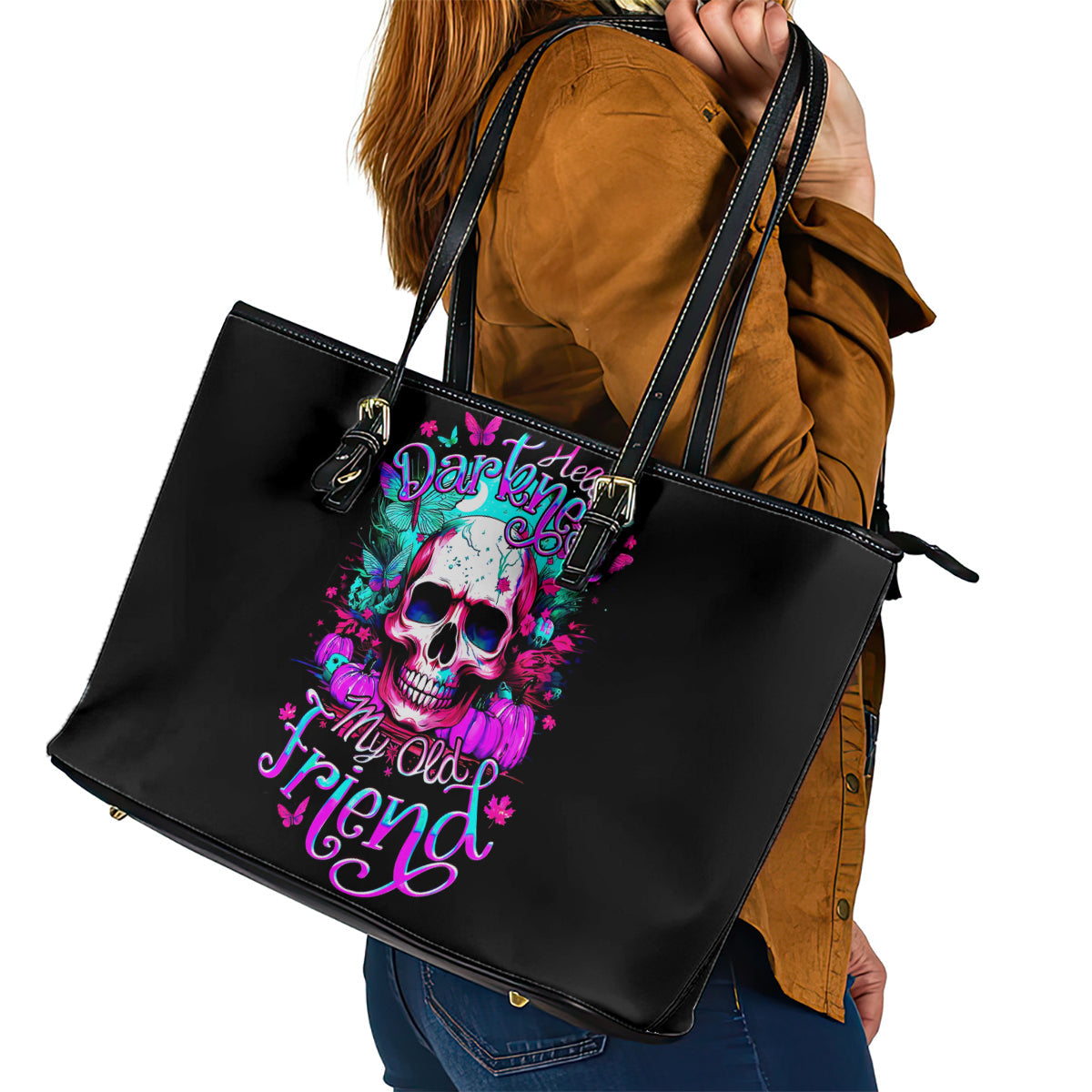 Skull Leather Tote Bag Hello Darkness My Old Friend Pinky DT01