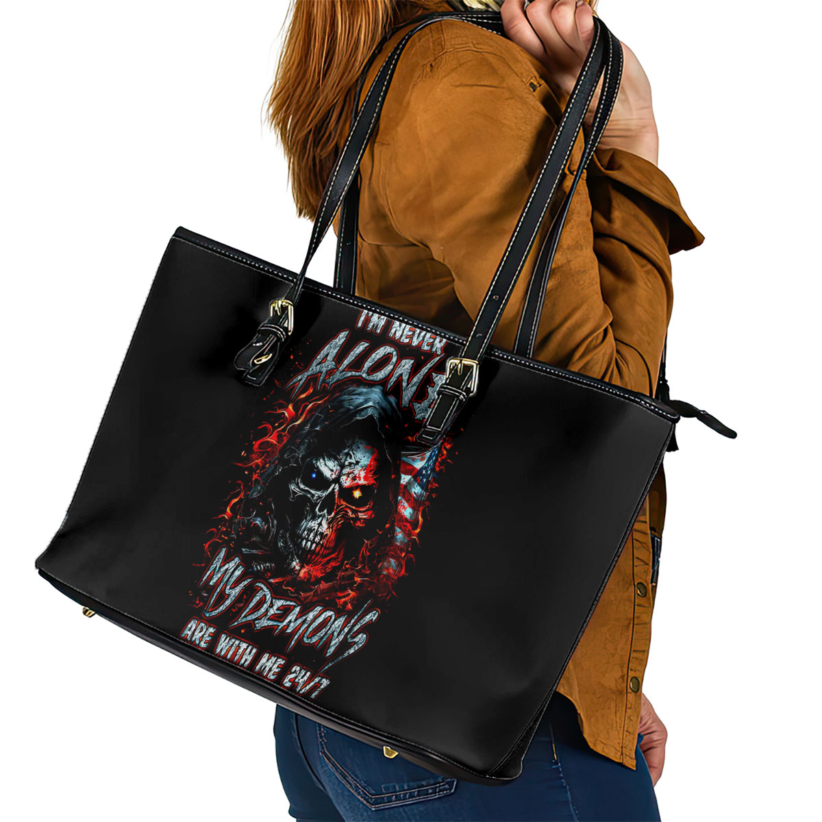 Blood Skull Leather Tote Bag I Never Alone My Demon With Me 24/7 DT01