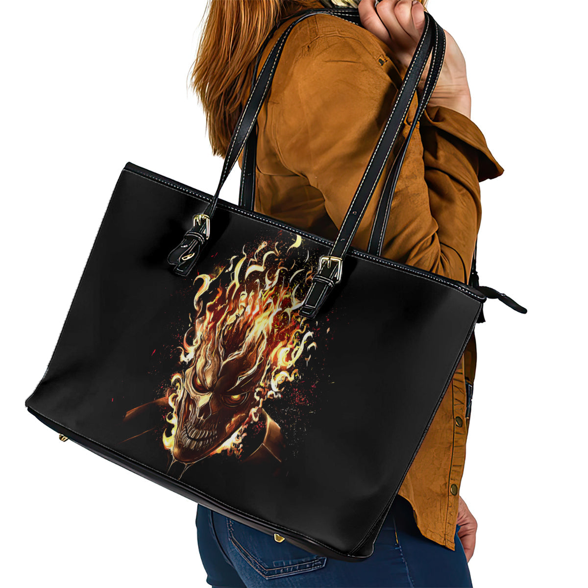 Fire Skull Leather Tote Bag Flame SKull Ride Or Die DT01