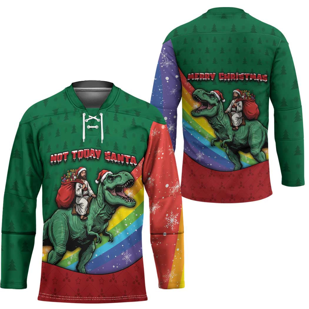T Rex And Jesus Christmas Hockey Jersey Not Today Santa DT05