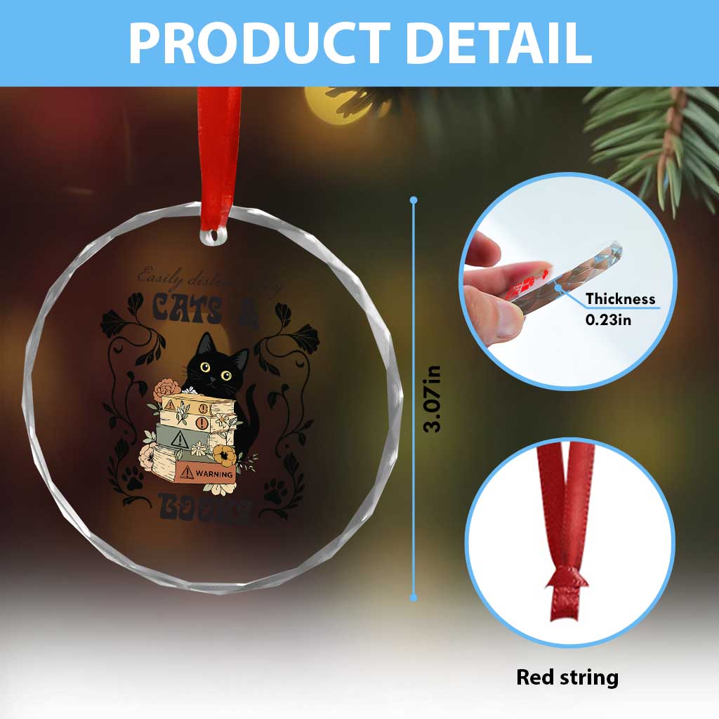 Easily Distracted By Cats And Books Crystal Glass Ornament Funny Book Kitty Lover TS12