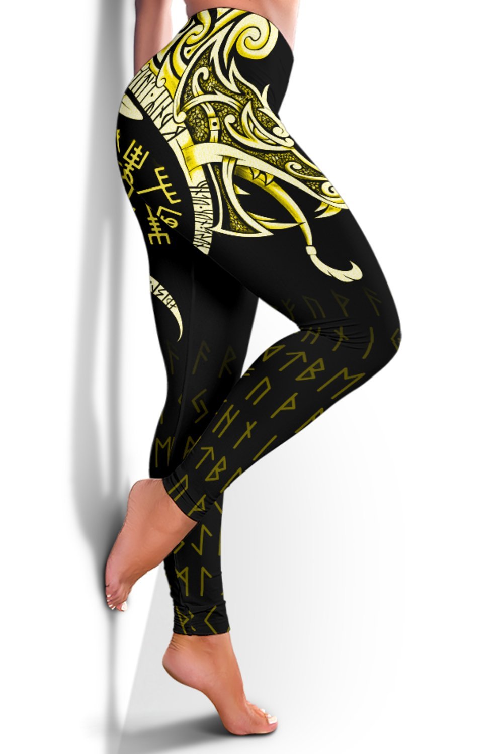 Viking Leggings, Fenrir Raven and Vegvisir Tattoo Yellow RLT12