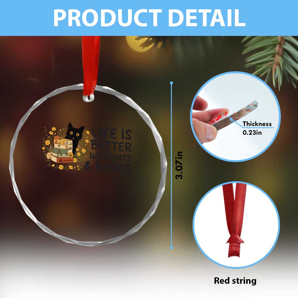 Life Is Better With Cats And Books Crystal Glass Ornament Funny Black Cat Book Lover TS12