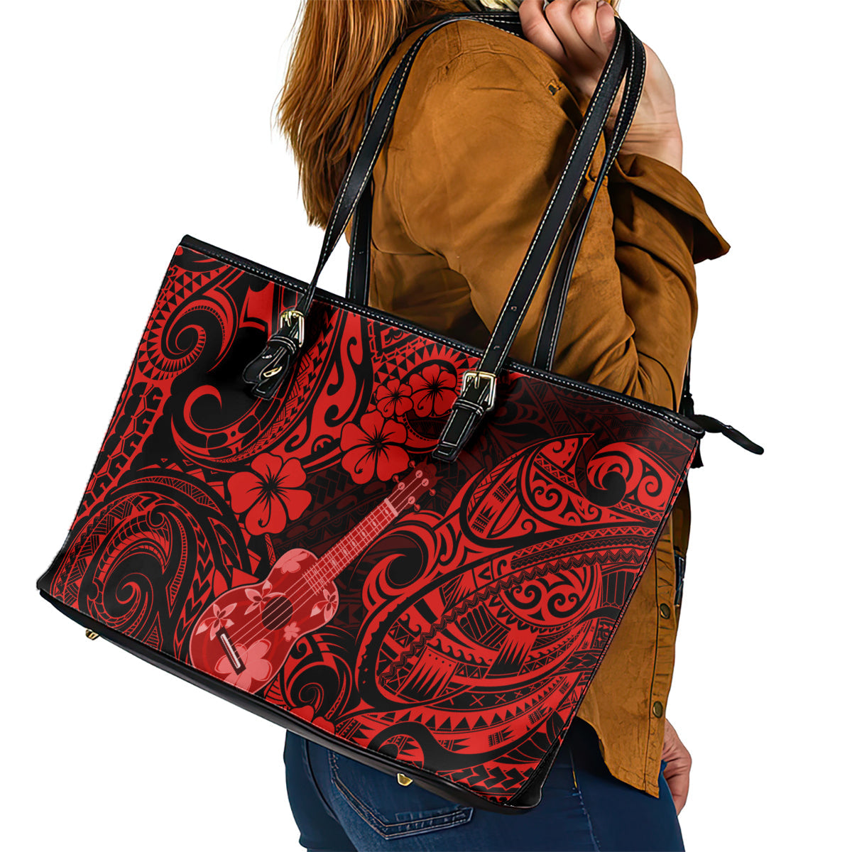 Hawaii Ukulele Leather Tote Bag Polynesian Pattern Red Version LT01