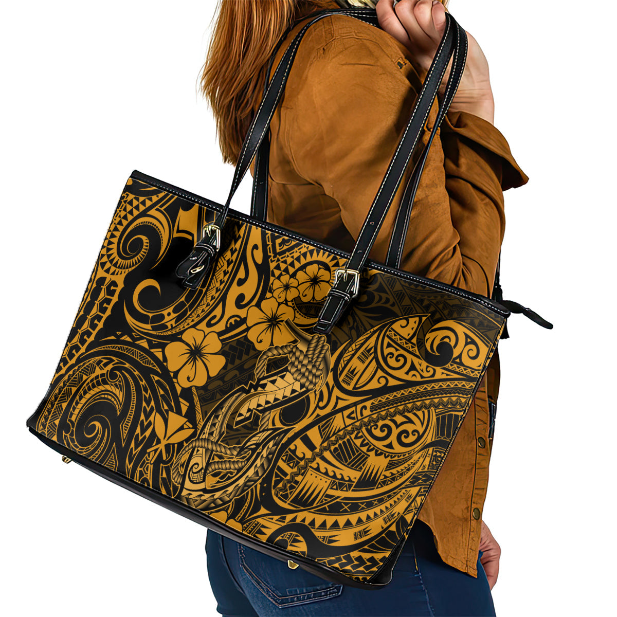 Hawaii Fish Hook Leather Tote Bag Polynesian Pattern Gold Version LT01