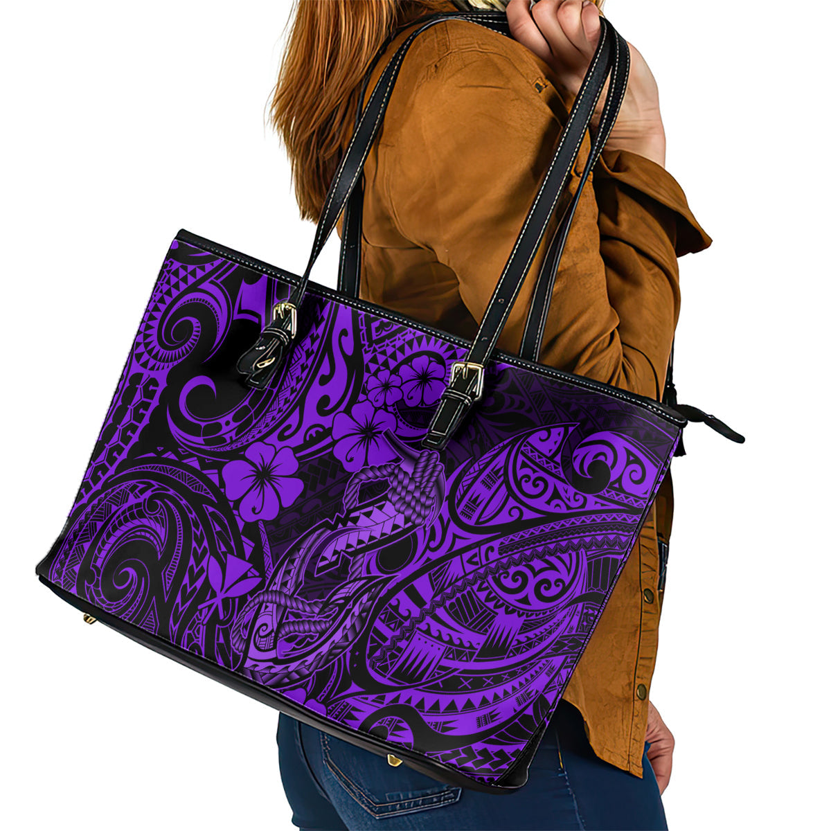 Hawaii Fish Hook Leather Tote Bag Hibiscus Hawaii Tribal Tattoo Purple Version LT01