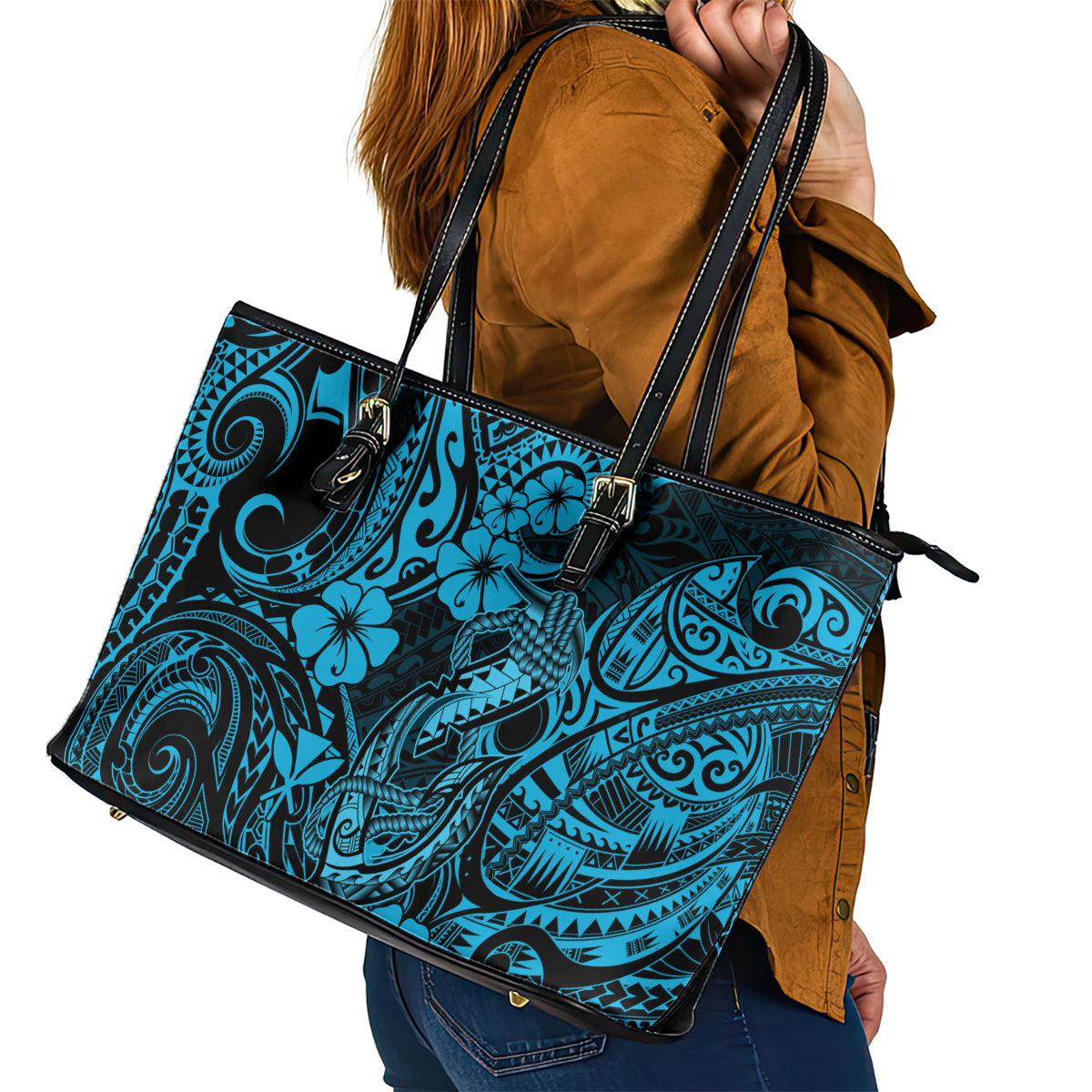 Hawaii Fish Hook Leather Tote Bag Hibiscus Hawaii Tribal Tattoo Sky Blue Version LT01