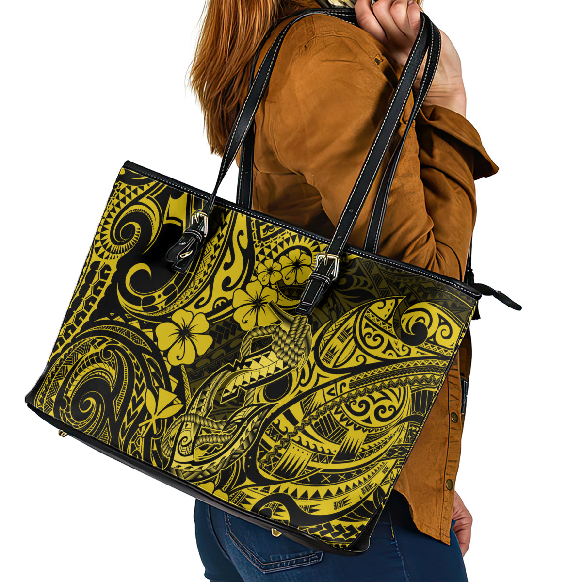 Hawaii Fish Hook Leather Tote Bag Hibiscus Hawaii Tribal Tattoo Yellow Version LT01