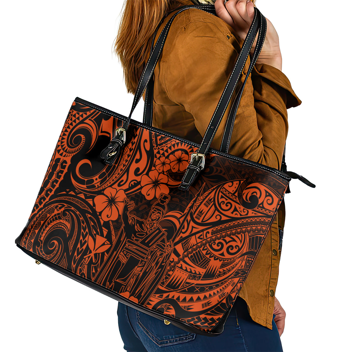 Hawaii King Kamehameha Leather Tote Bag Polynesian Pattern Orange Version LT01