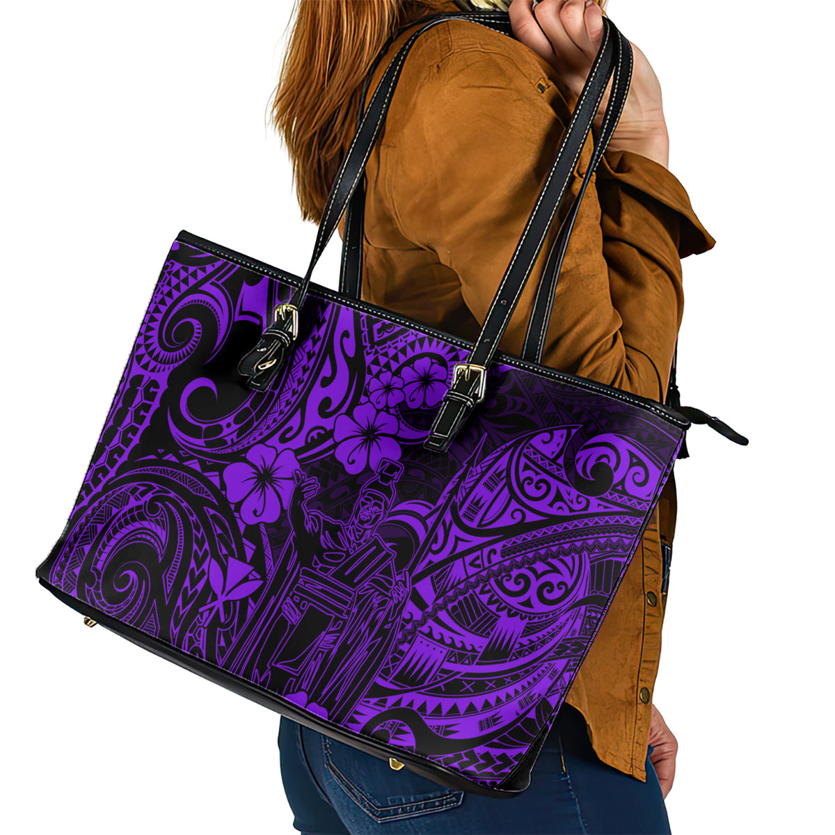 Hawaii King Kamehameha Leather Tote Bag Polynesian Pattern Purple Version LT01