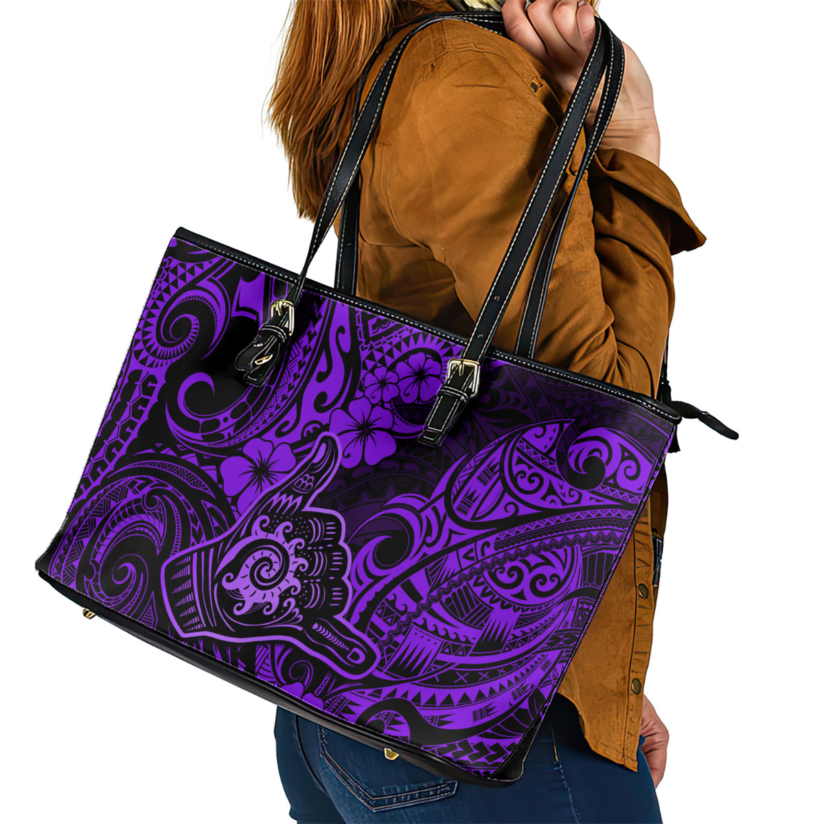 Hawaii Shaka Sign Leather Tote Bag Polynesian Pattern Purple Version LT01