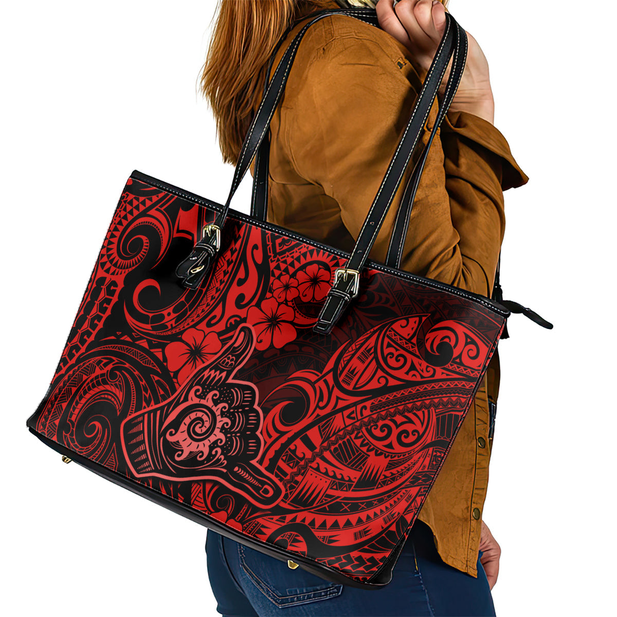 Hawaii Shaka Sign Leather Tote Bag Polynesian Pattern Red Version LT01