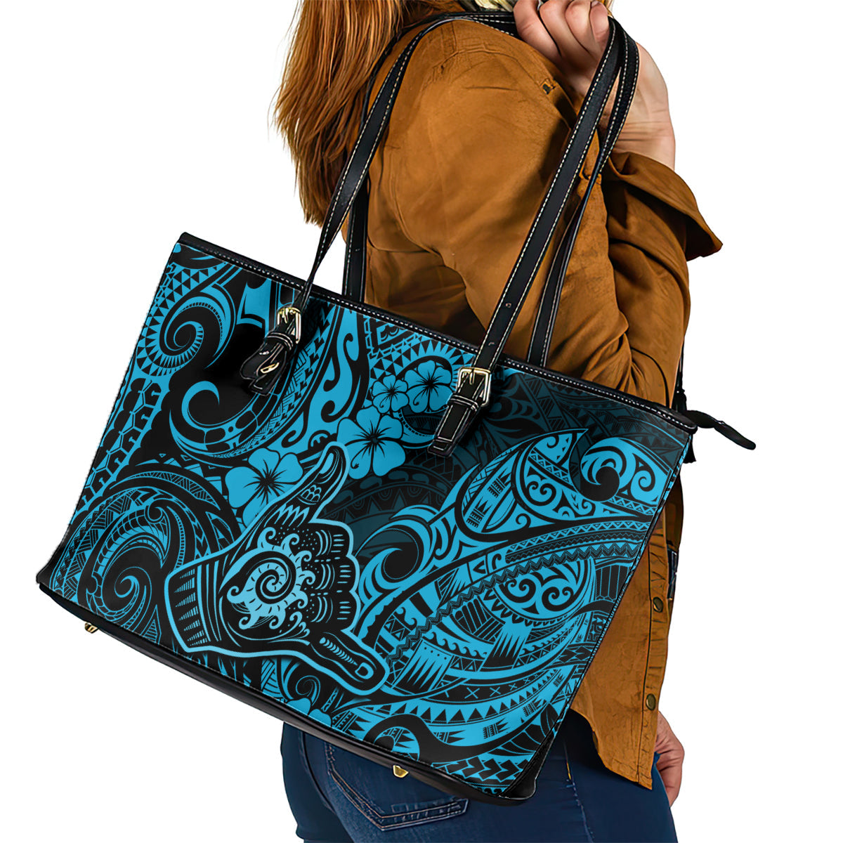 Hawaii Shaka Sign Leather Tote Bag Polynesian Pattern Sky Blue Version LT01