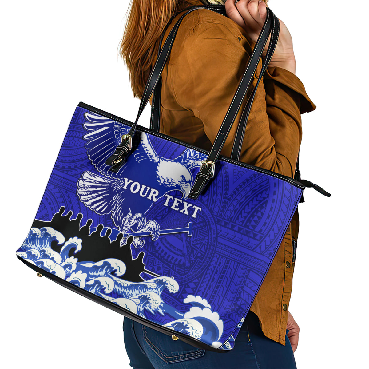 Personalised American Samoa Fautasi Race Leather Tote Bag Eagle With Polynesian Pattern LT14