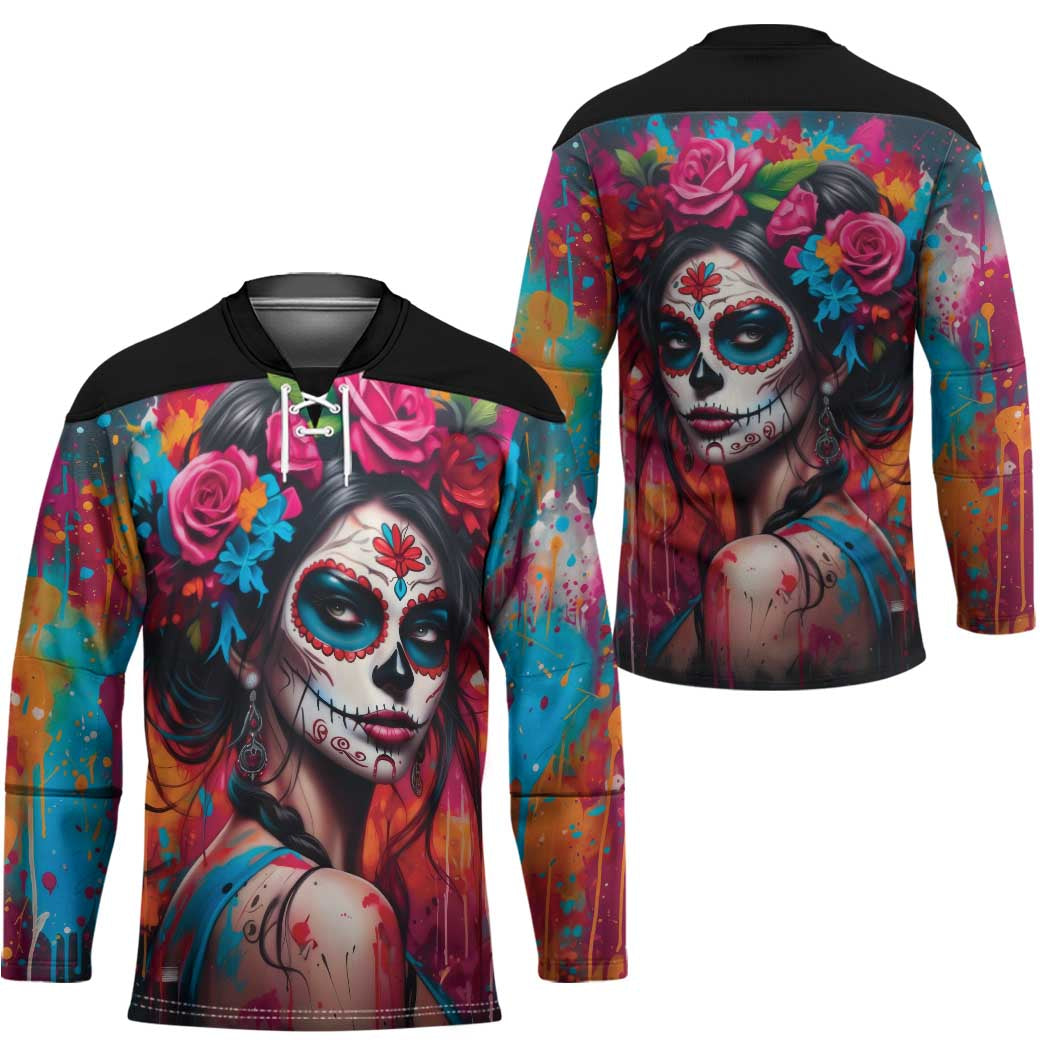 Mexico Day Of The Dead Hockey Jersey Rose Catrina Goddess Sugar Skull LT19