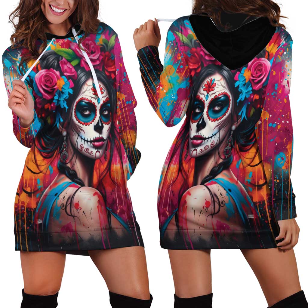 Mexico Day Of The Dead Hoodie Dress Rose Catrina Goddess Sugar Skull LT19