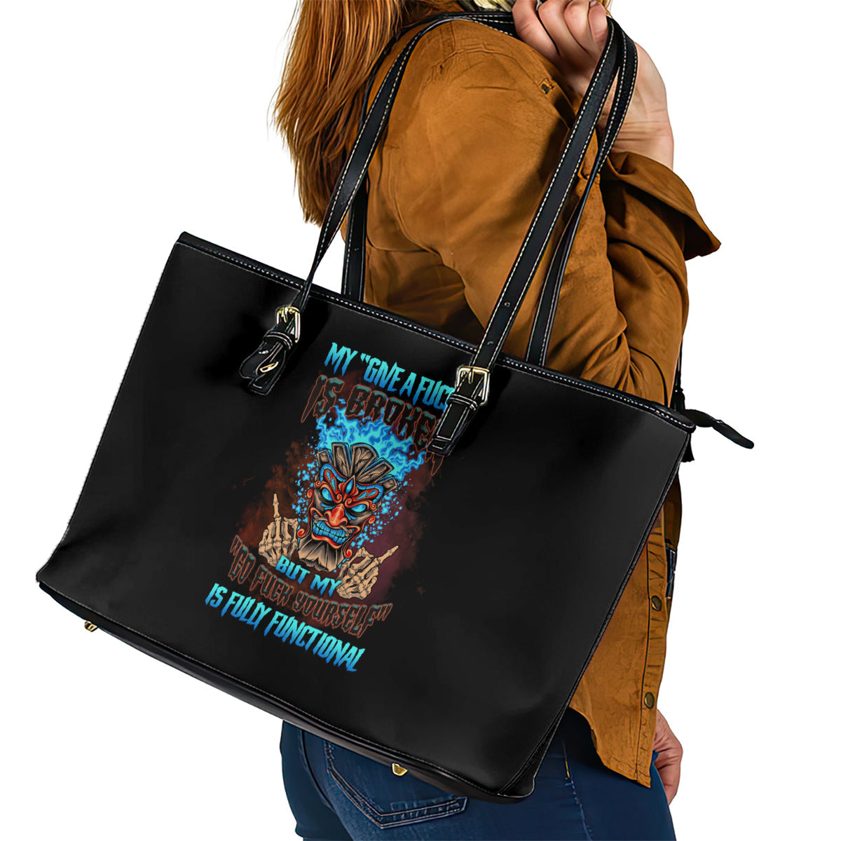 My Give A F Tiki Skull Leather Tote Bag TS04