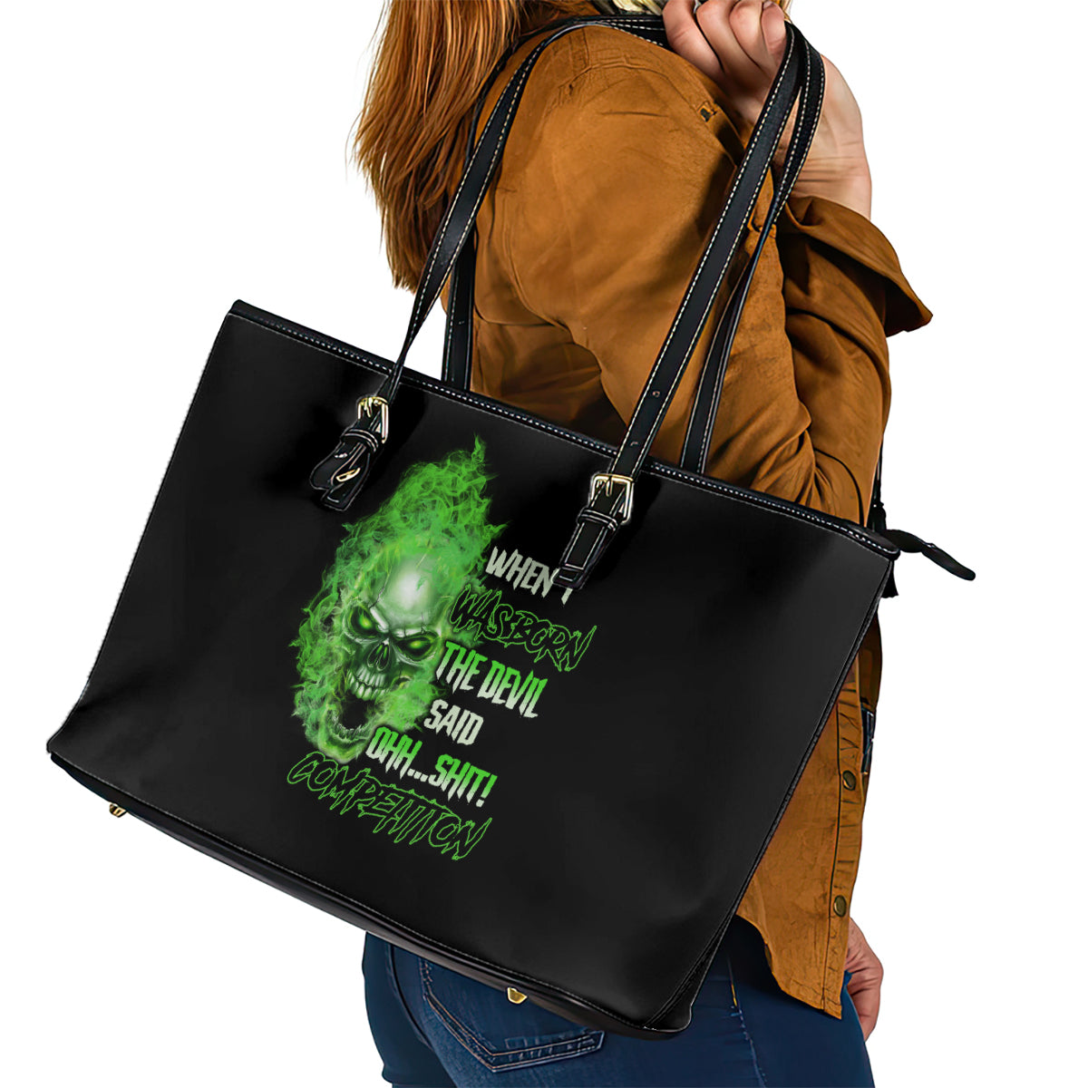 When I Was Born Skull Leather Tote Bag TS04