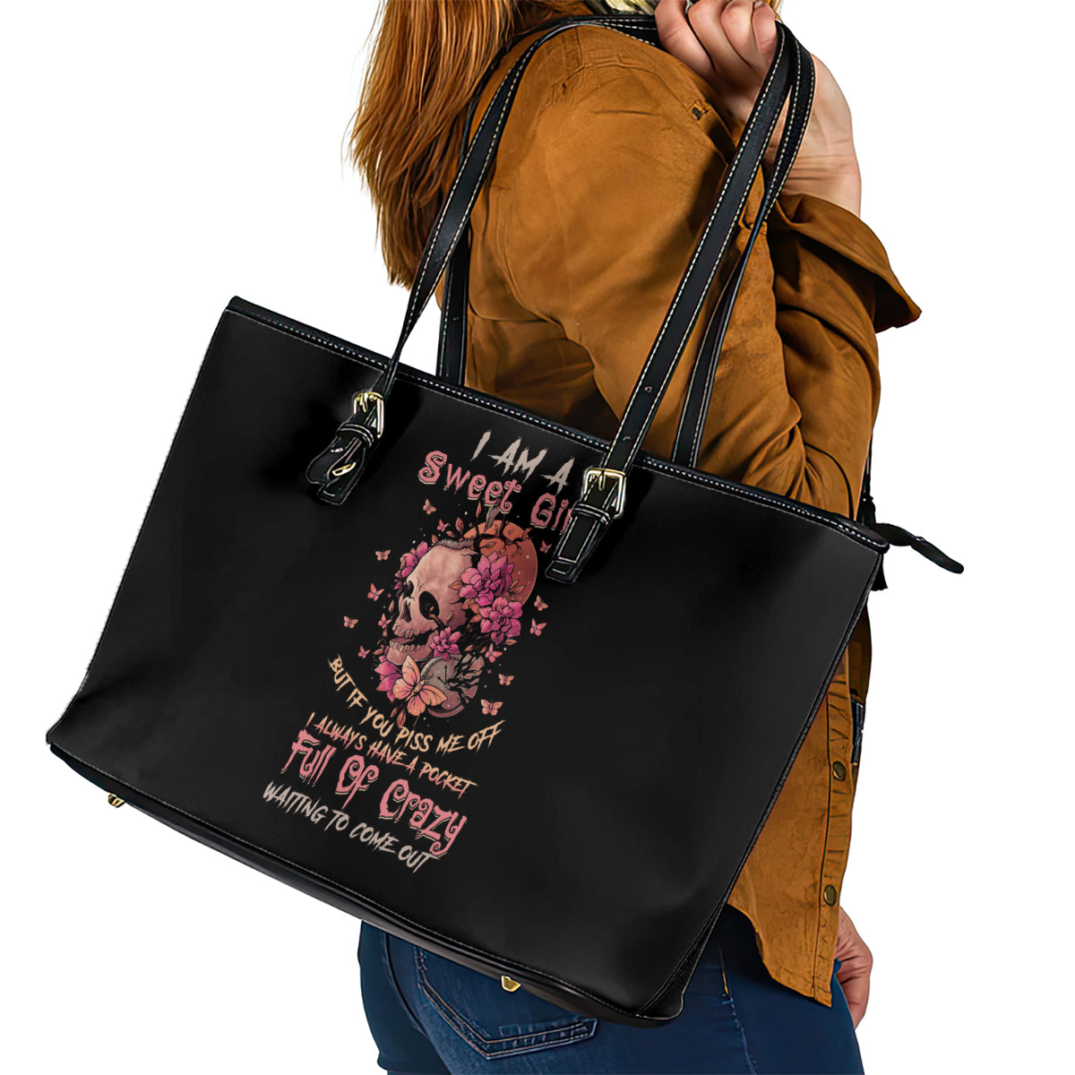 I Am A Sweet Girl Flower Skull Leather Tote Bag TS04