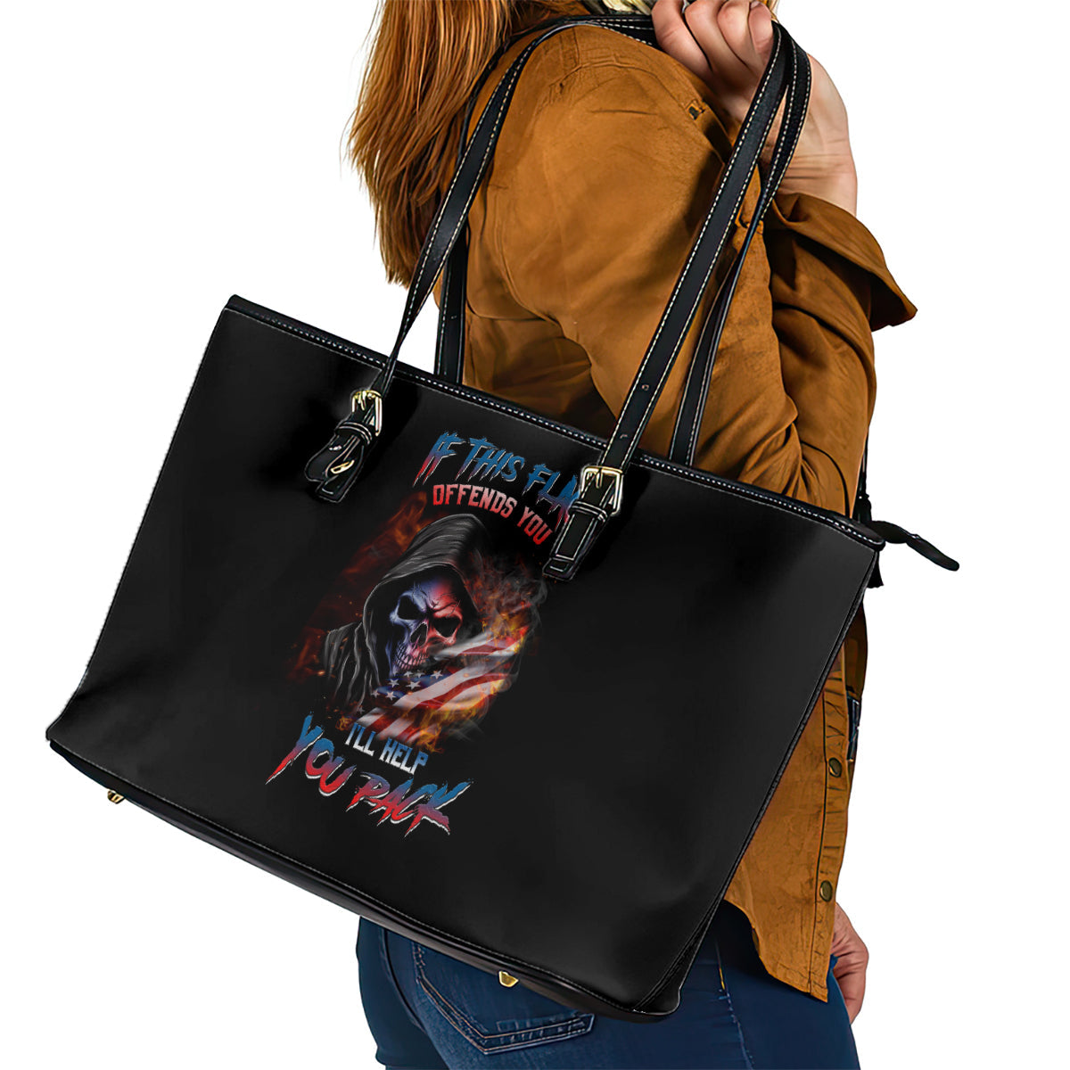 If This Flag Offends You I'll Help You Pack Skull Leather Tote Bag TS04